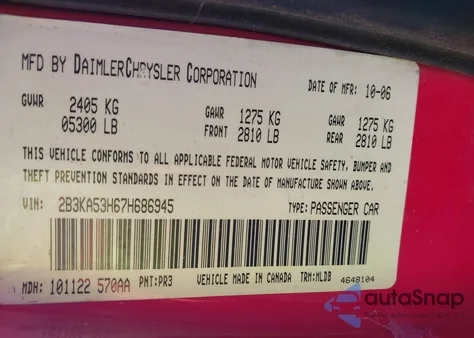 2007 Dodge Charger Rt from USA, damaged, VIN 2B3KA53H67H686945